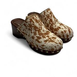 INC Vintage Cow Print Studded Clog Heel (real calf fur) size 6 1/2 brown + cream